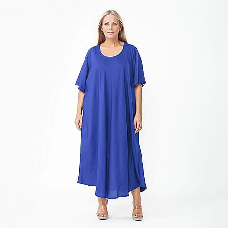 TAMSY 100% Viscose Umbrella Style Round Neck Dress with Sleeve (One Size Curve) - Sapphire