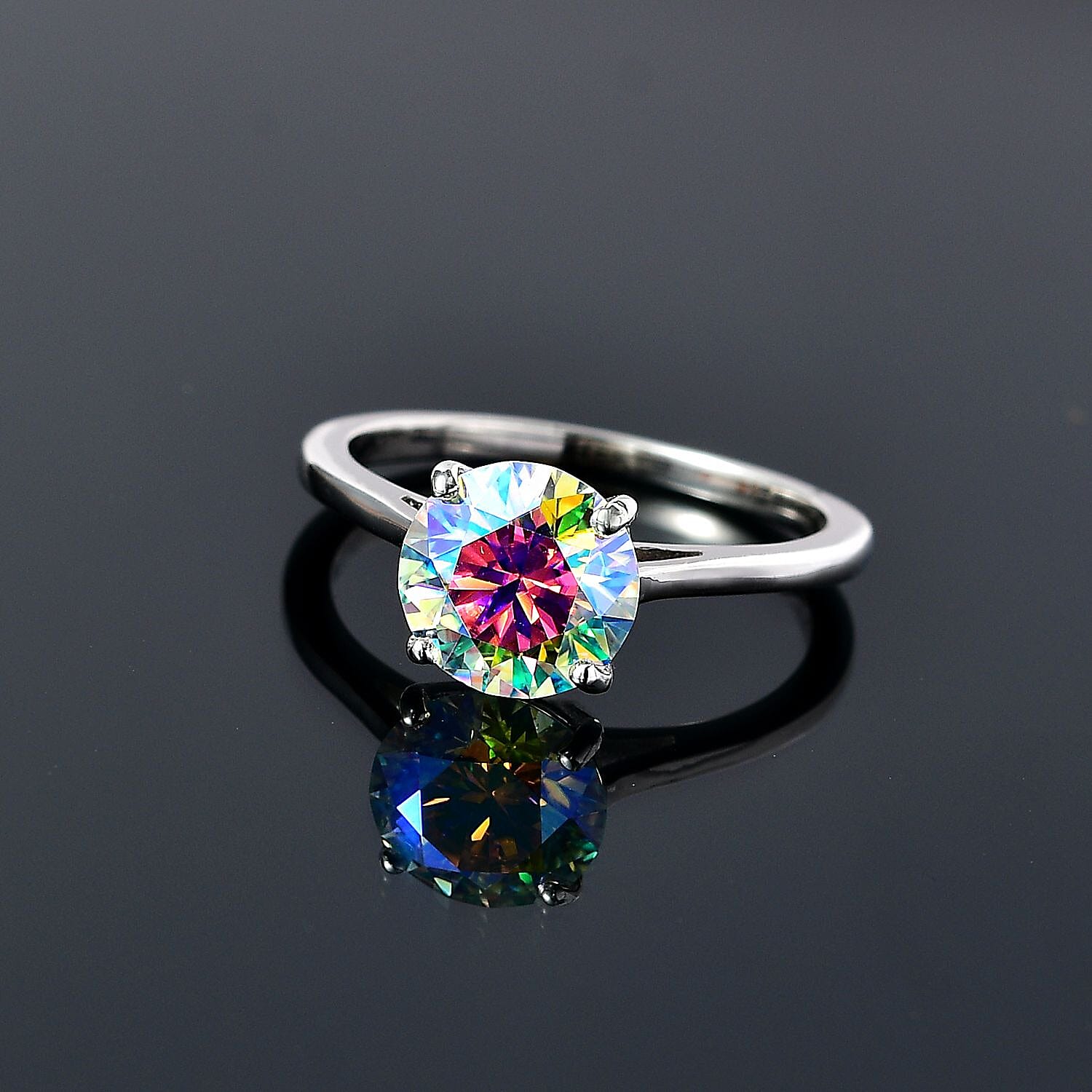 First Time Ever Mystic Luminous Moissanite Solitaire Ring in Platinum Overlay Sterling Silver 1.84 Ct.