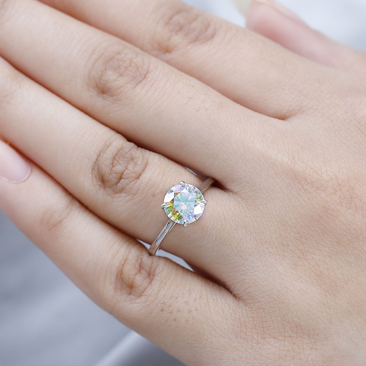 First Time Ever Mystic Luminous Moissanite Solitaire Ring in Platinum Overlay Sterling Silver 1.84 Ct.