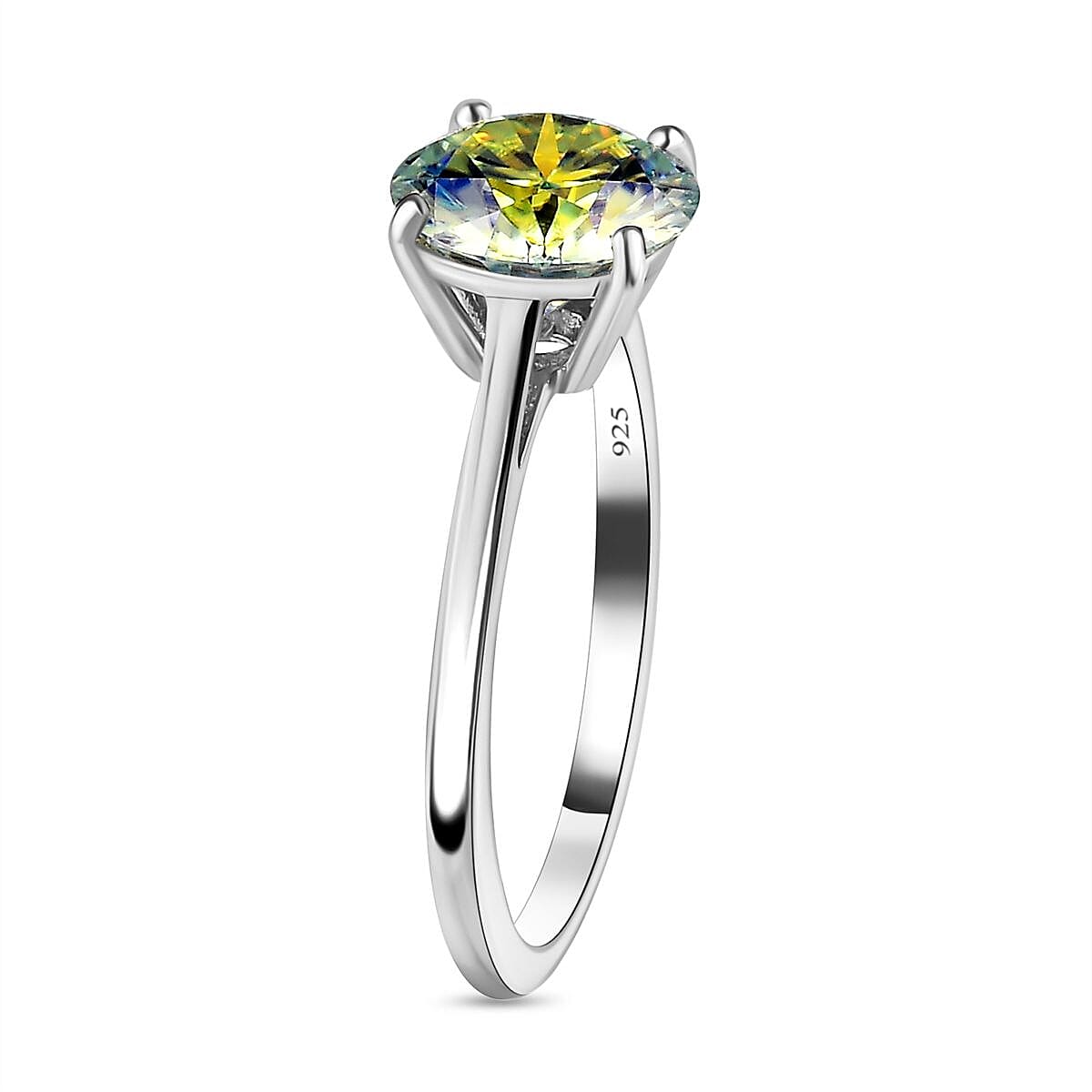 First Time Ever Mystic Luminous Moissanite Solitaire Ring in Platinum Overlay Sterling Silver 1.84 Ct.