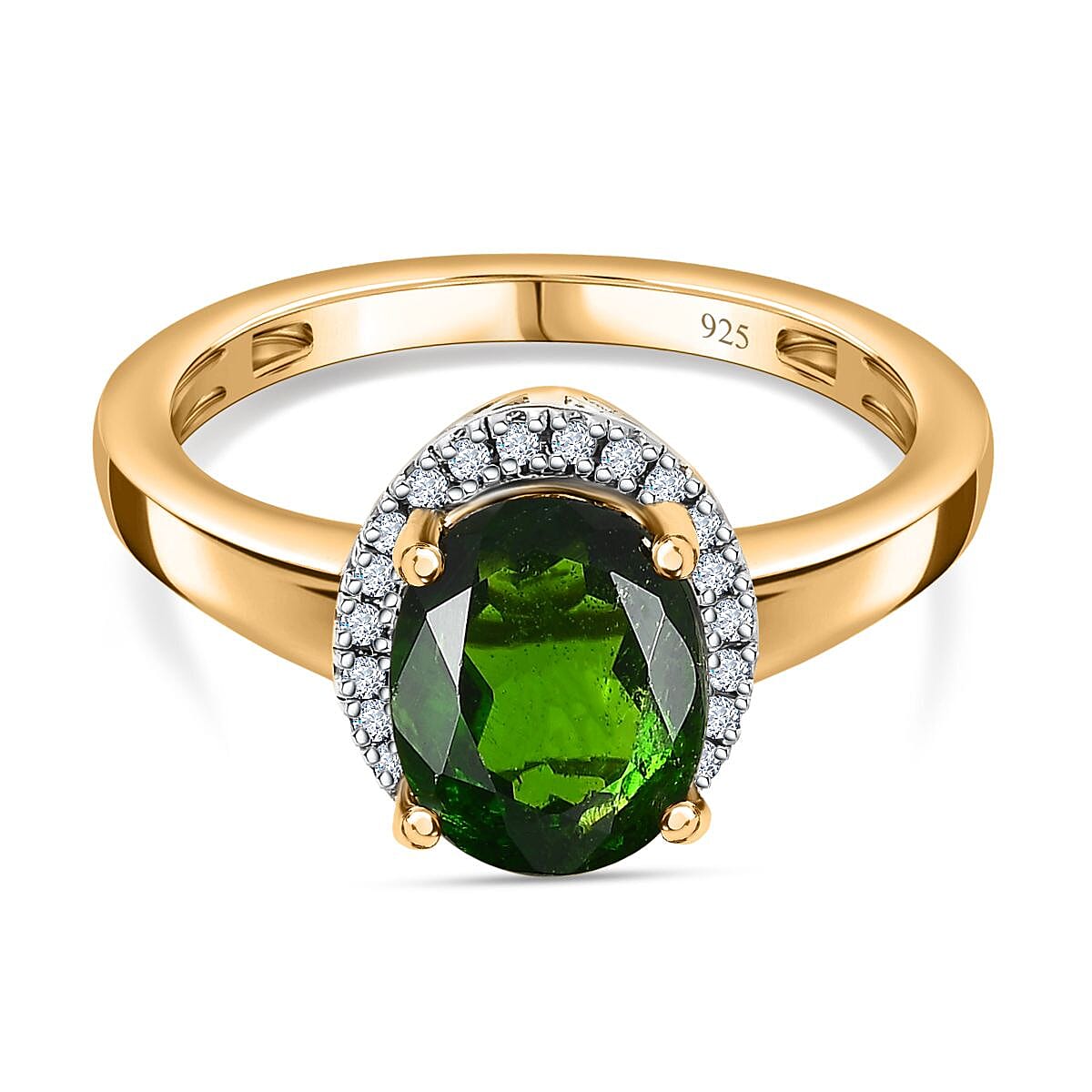 Natural Chrome Diopside & Diamond Ring in 18K Vermeil Yellow Gold Plated Sterling Silver 2.03 Ct