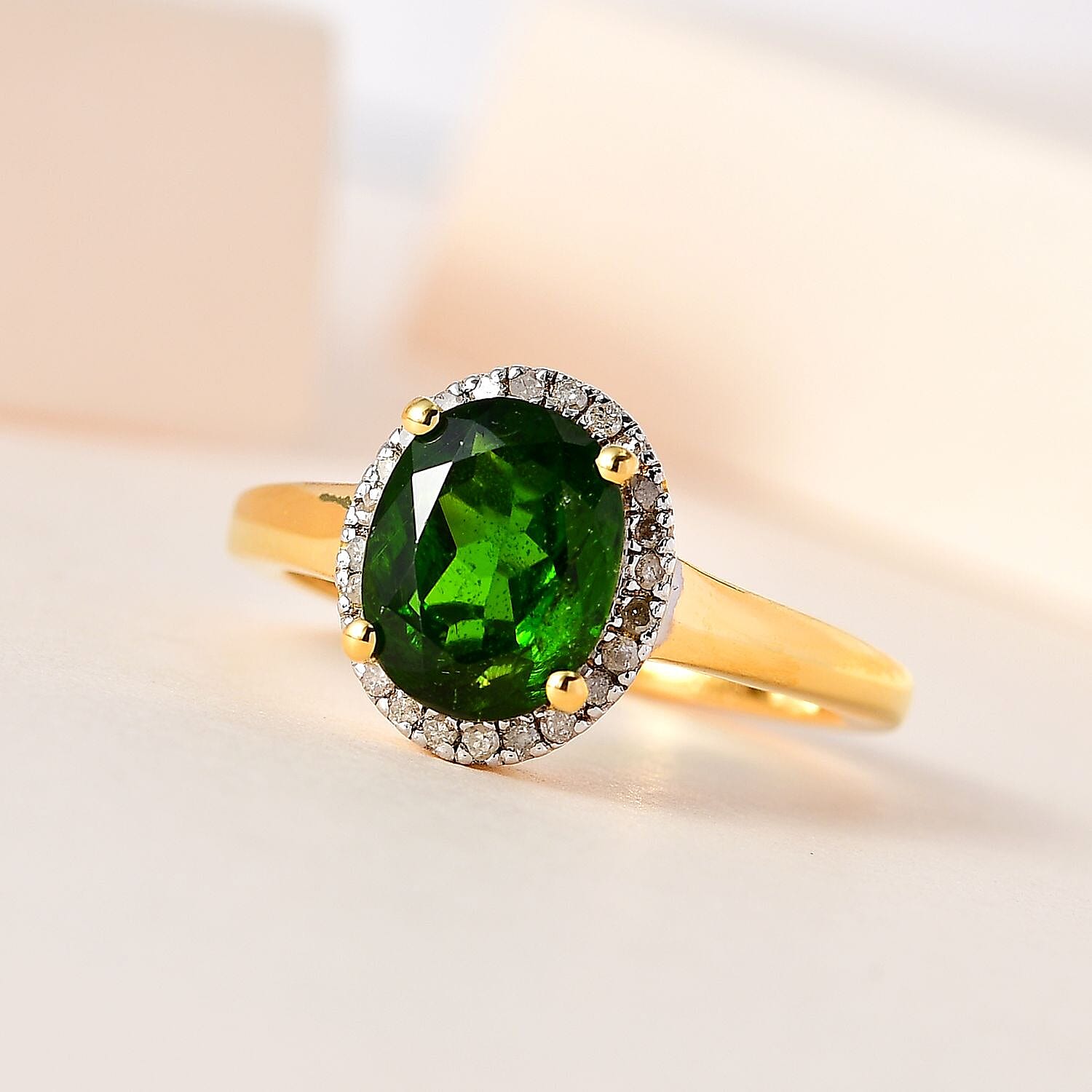 Natural Chrome Diopside & Diamond Ring in 18K Vermeil Yellow Gold Plated Sterling Silver 2.03 Ct