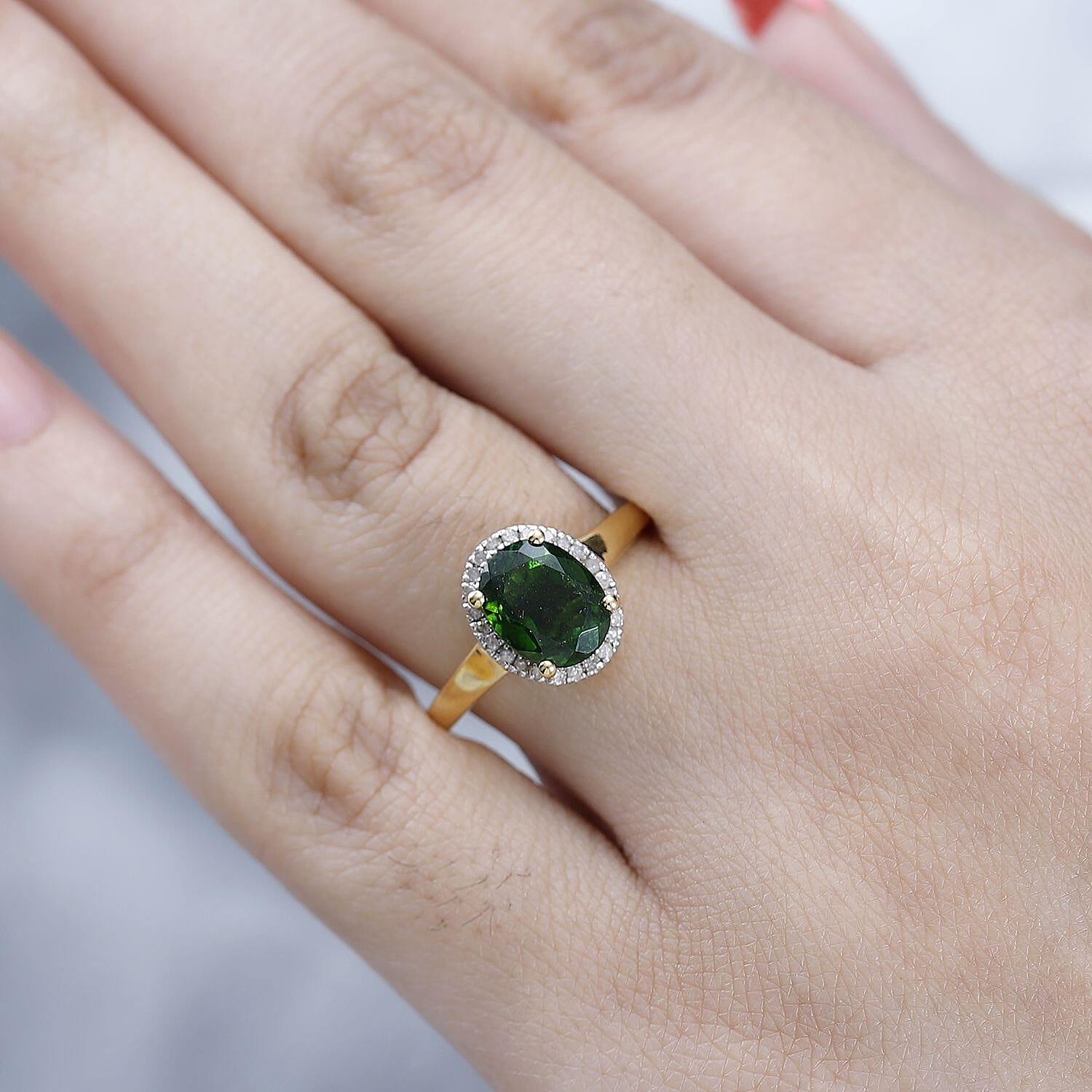 Natural Chrome Diopside & Diamond Ring in 18K Vermeil Yellow Gold Plated Sterling Silver 2.03 Ct