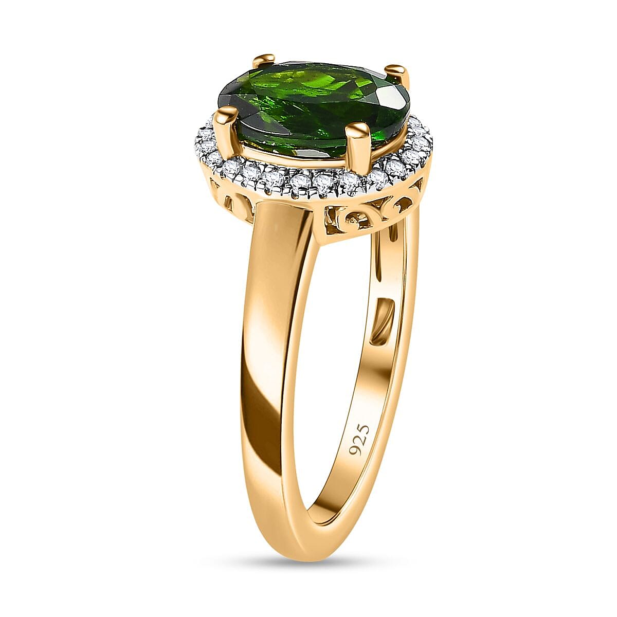 Natural Chrome Diopside & Diamond Ring in 18K Vermeil Yellow Gold Plated Sterling Silver 2.03 Ct