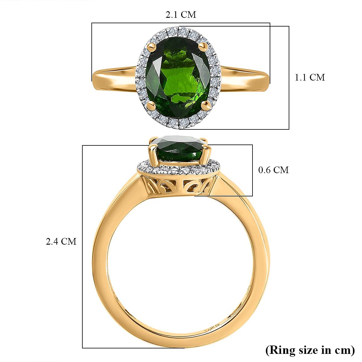 Natural Chrome Diopside & Diamond Ring in 18K Vermeil Yellow Gold Plated Sterling Silver 2.03 Ct