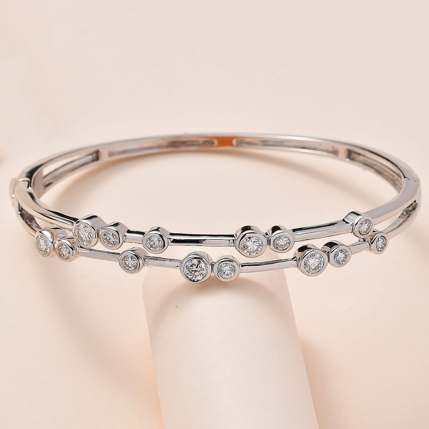 Moissanite Bubble Bangle (Size 7.5) in Platinum Overlay Sterling Silver 2.19 Ct, Silver Wt. 16.46 Gms.