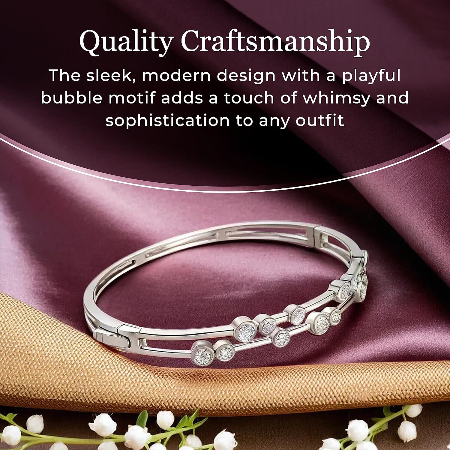 Moissanite Bubble Bangle (Size 7.5) in Platinum Overlay Sterling Silver 2.19 Ct, Silver Wt. 16.46 Gms.