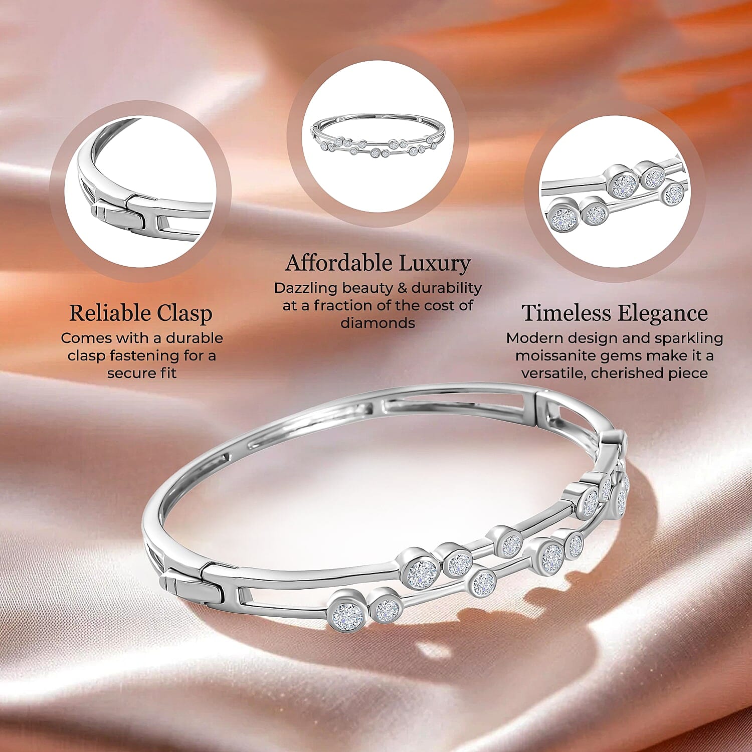 Moissanite Bubble Bangle (Size 7.5) in Platinum Overlay Sterling Silver 2.19 Ct, Silver Wt. 16.46 Gms.