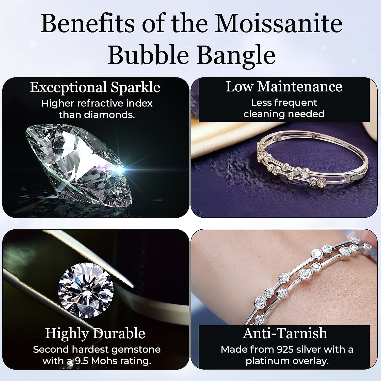 Moissanite Bubble Bangle (Size 7.5) in Platinum Overlay Sterling Silver 2.19 Ct, Silver Wt. 16.46 Gms.