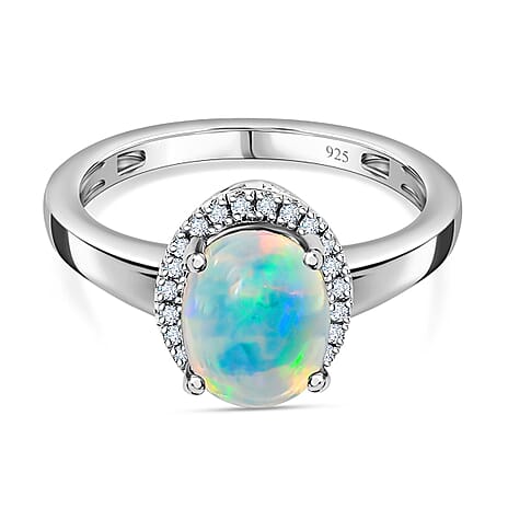 Ethiopian Opal , White Diamond Main Stone With Side Stone Ring in Platinum Overlay Sterling Silver 1.30 ct 1.295 Ct. Ethiopian Opal , White Diamond Main Stone With Side Stone Ring in Platinum Overlay Sterling Silver 1.30 ct 1.295 Ct.