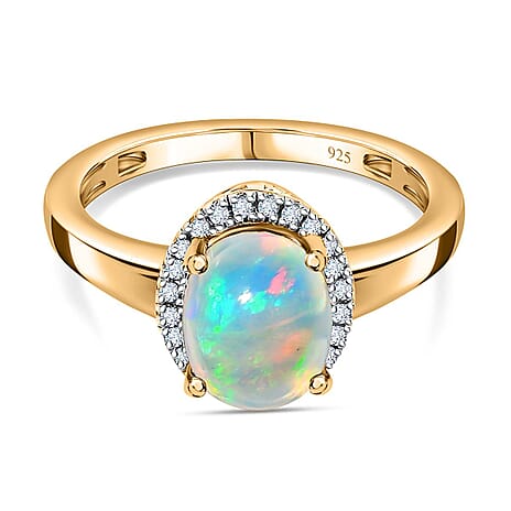 Ethiopian Opal , White Diamond Main Stone With Side Stone Ring in Vermeil YG Sterling Silver 1.30 ct 1.295 Ct. Ethiopian Opal , White Diamond Main Stone With Side Stone Ring in Vermeil YG Sterling Silver 1.30 ct 1.295 Ct.