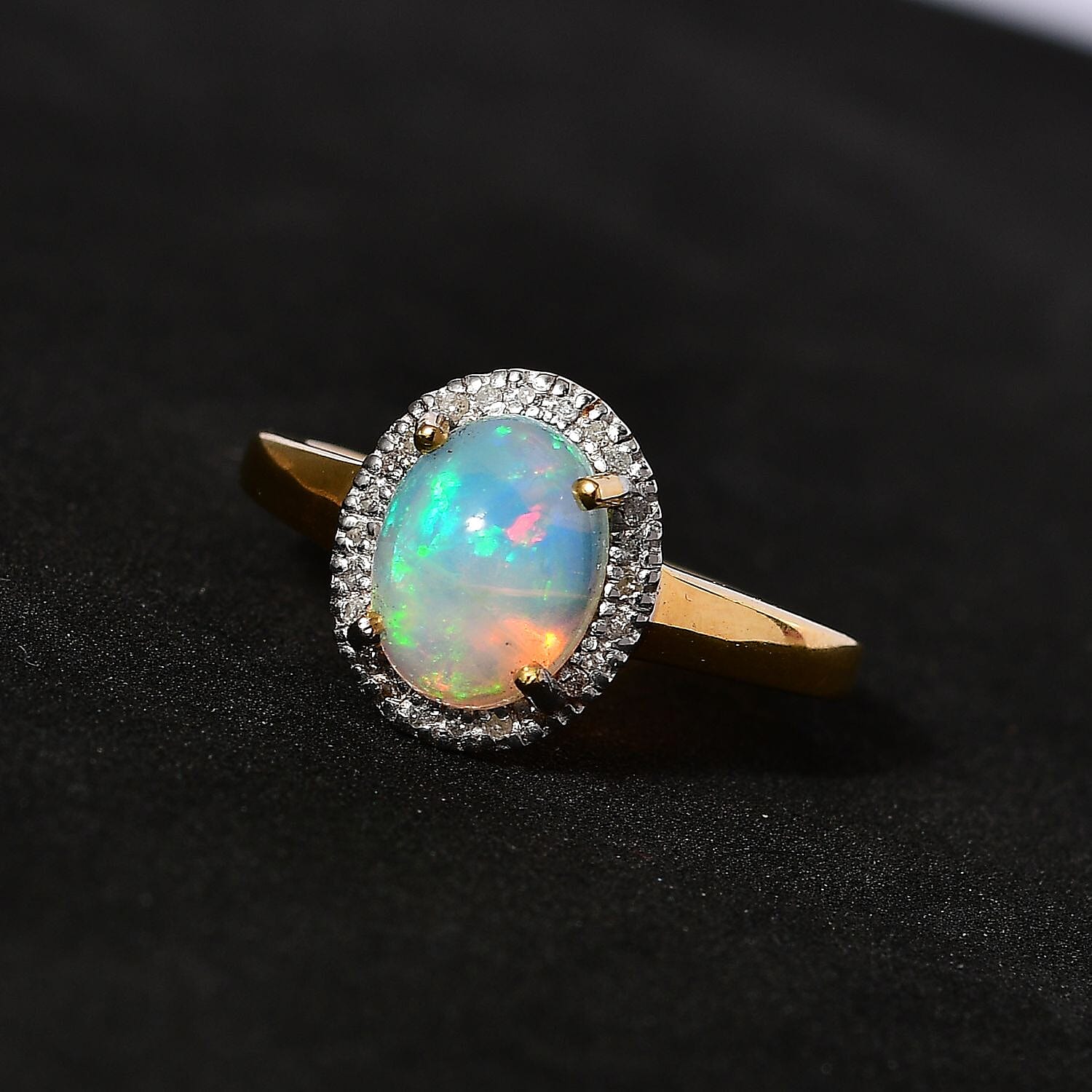 Ethiopian Welo Opal & Diamond Ring in 18K Vermeil Yellow Gold Plated Sterling Silver 1.30 Ct