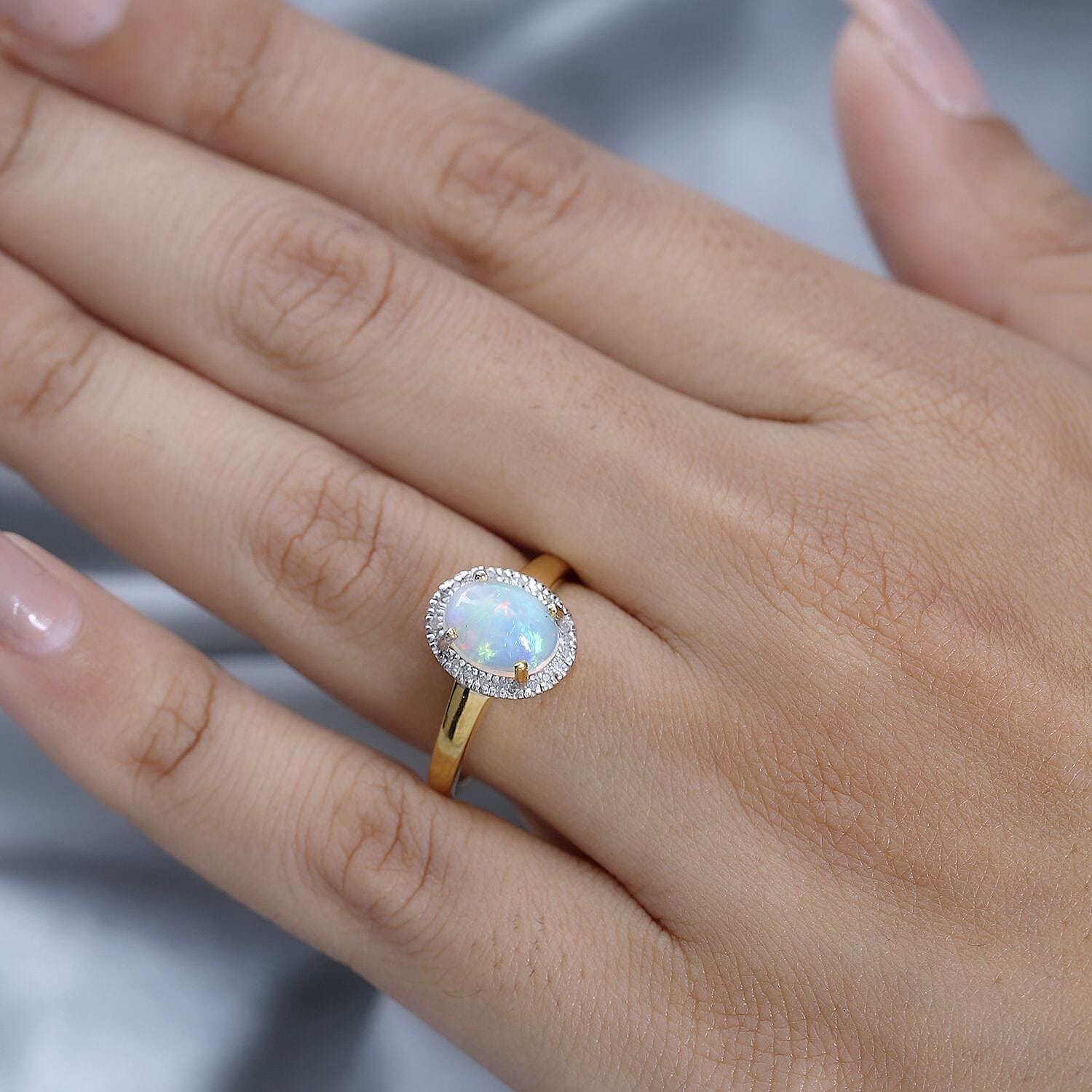 Ethiopian Welo Opal & Diamond Ring in 18K Vermeil Yellow Gold Plated Sterling Silver 1.30 Ct