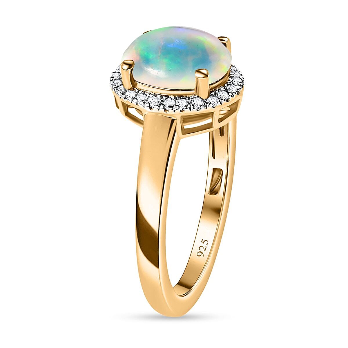 Ethiopian Welo Opal & Diamond Ring in 18K Vermeil Yellow Gold Plated Sterling Silver 1.30 Ct