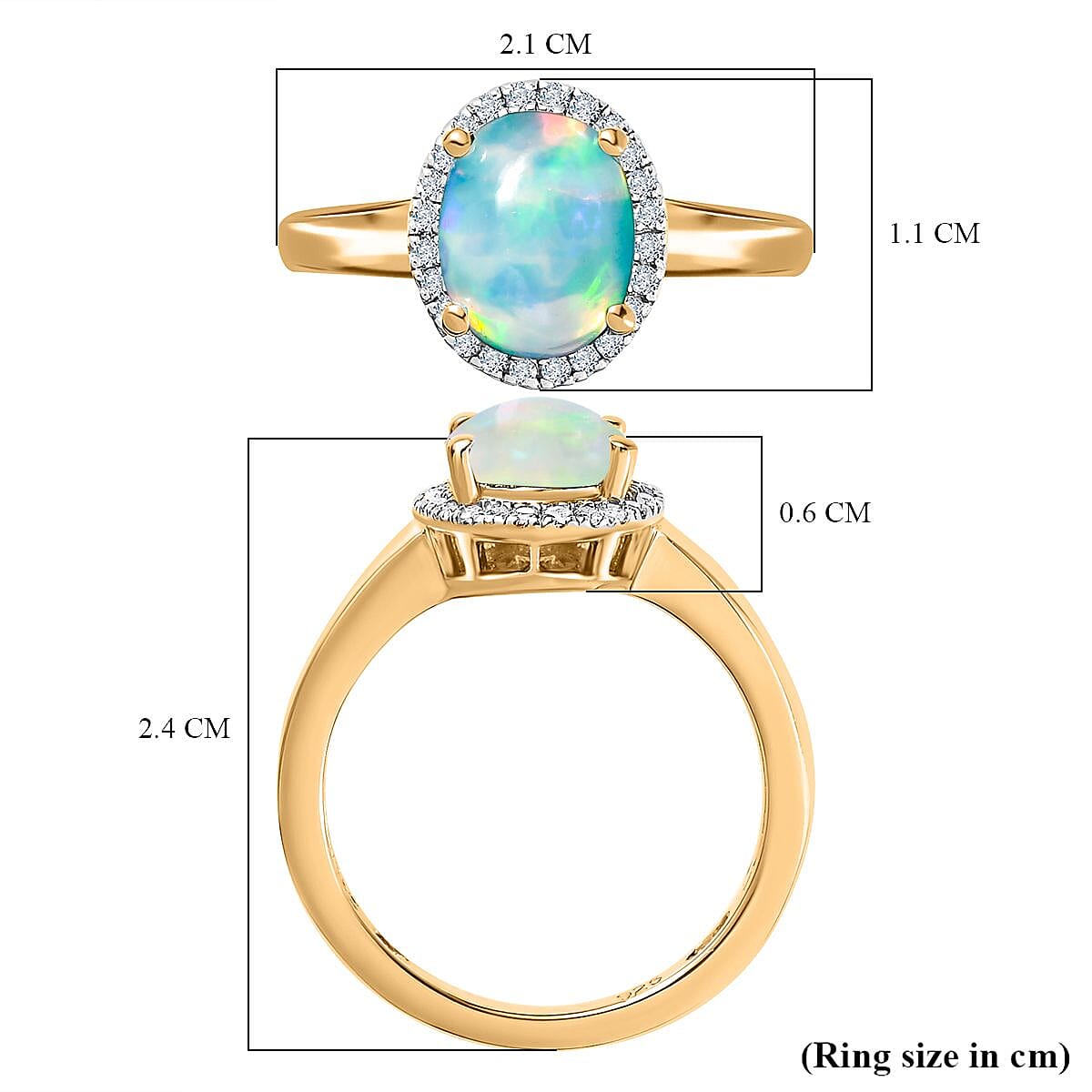 Ethiopian Welo Opal & Diamond Ring in 18K Vermeil Yellow Gold Plated Sterling Silver 1.30 Ct