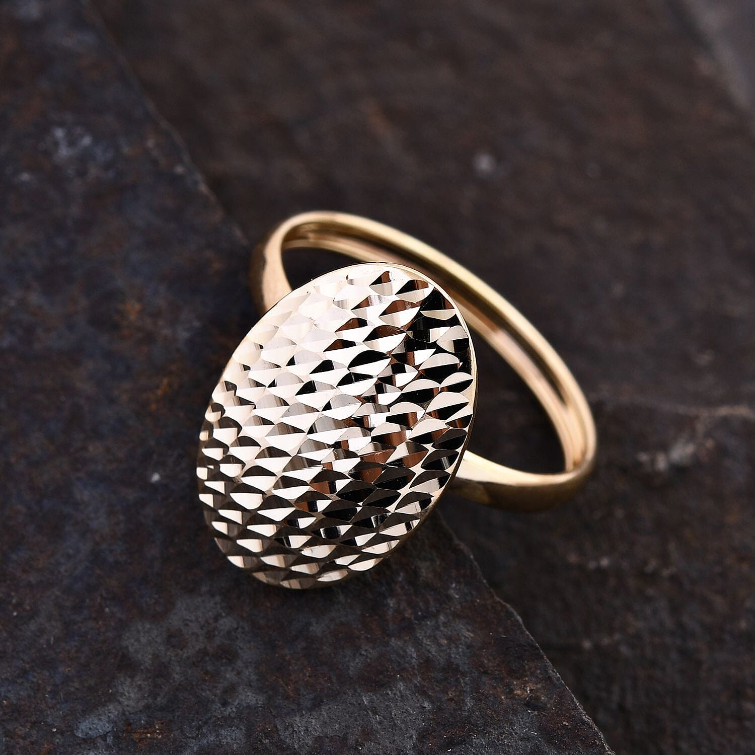 Closeout Deal- 9K Yellow Gold Diamond Cut Oval Ring