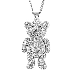 Austrian White Crystal & Blue Crystal Teddy Bear Necklace (Size - 29-2 inch Ext.)