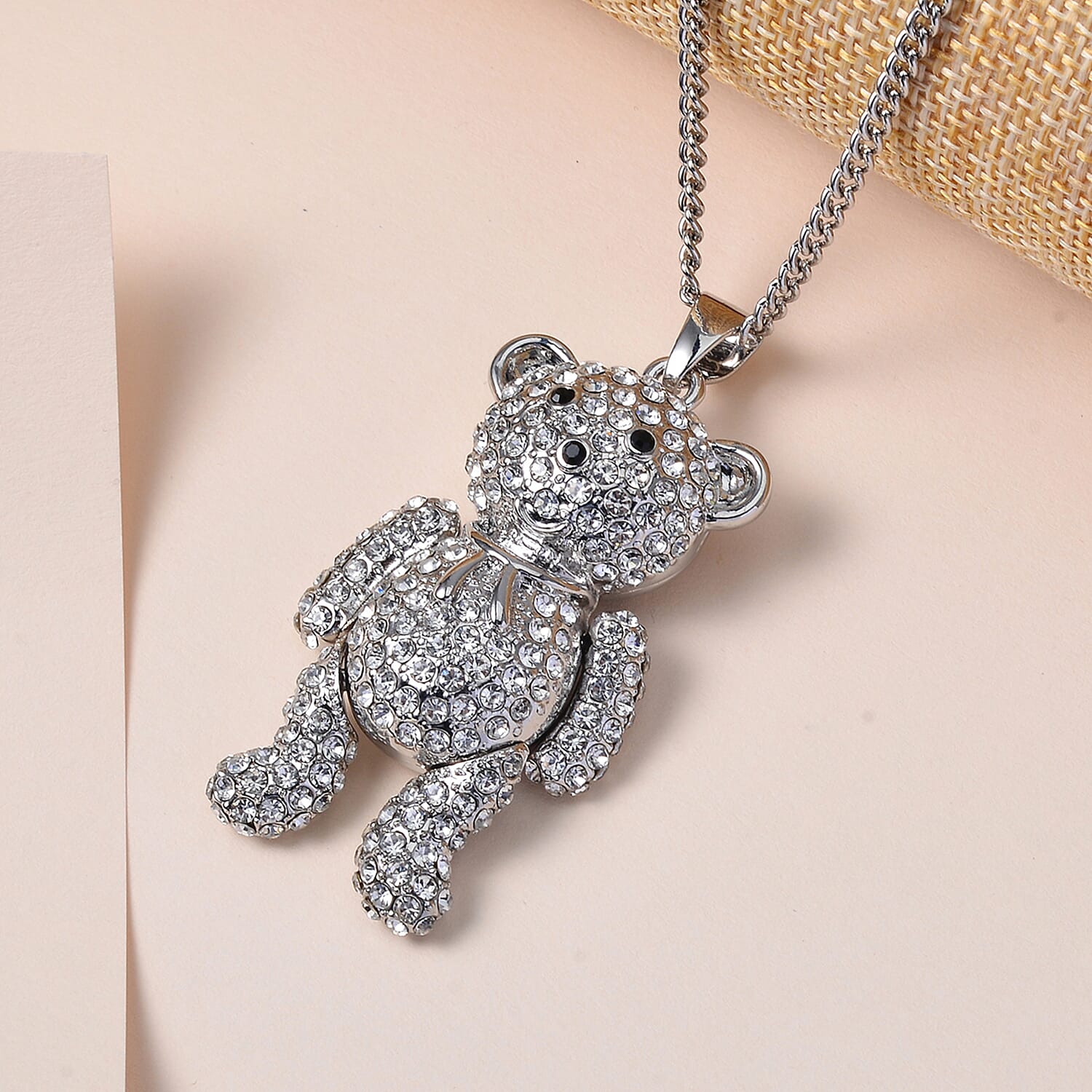 Black & White Austrian Crystal Teddy Bear Necklace (Size - 29-2 inch Ext.)