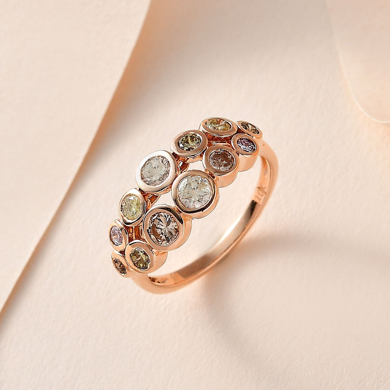 Designer Inspired- 10K Rose Gold Natural Multi Diamond (Pink, Yellow, Champagne, Green) Bubble Ring 1.00 Ct.