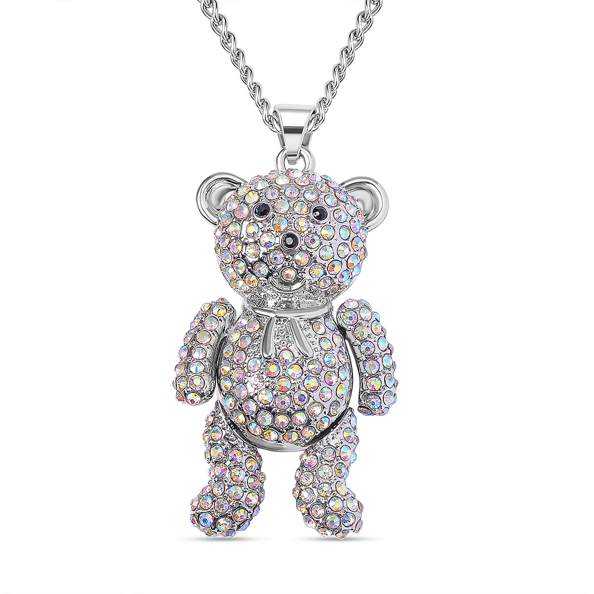 Simulated Mystic White Crystal & Austrian Black Crystal Teddy Bear Necklace (Size - 29-2 inch Ext.)