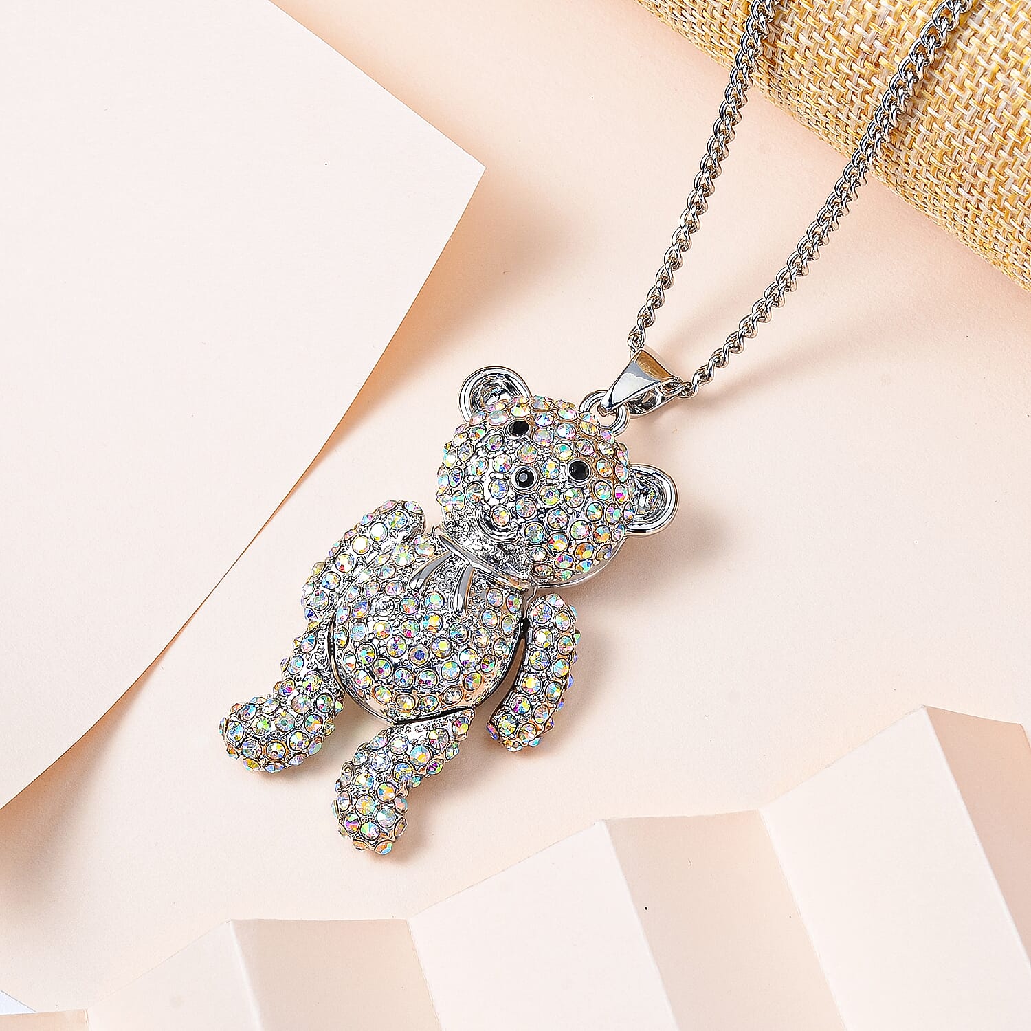 Simulated Mystic White Crystal & Austrian Black Crystal Teddy Bear Necklace (Size - 29-2 inch Ext.)