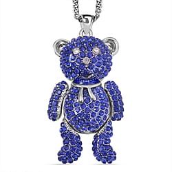 Austrian White Crystal & Blue Crystal Teddy Bear Necklace (Size - 29-2 inch Ext.)