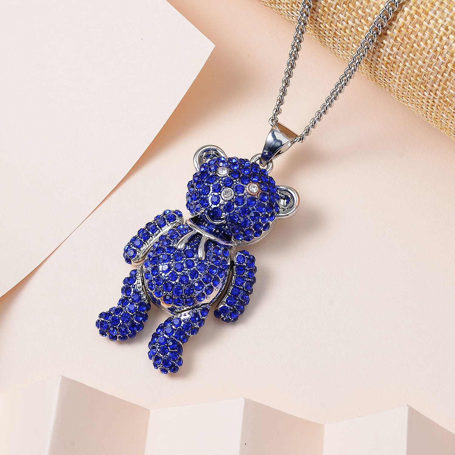 Austrian White Crystal & Blue Crystal Teddy Bear Necklace (Size - 29-2 inch Ext.)