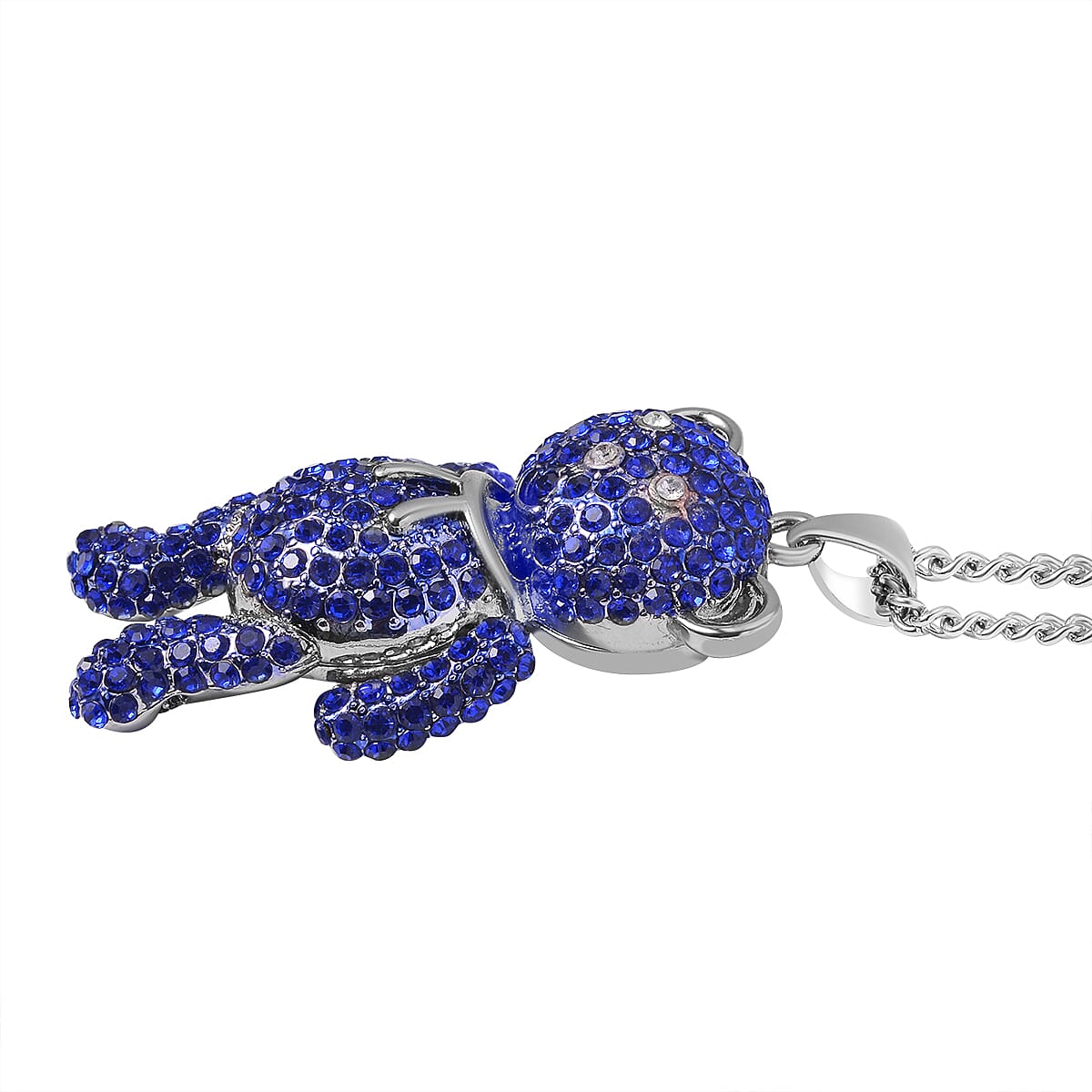Austrian White Crystal & Blue Crystal Teddy Bear Necklace (Size - 29-2 inch Ext.)