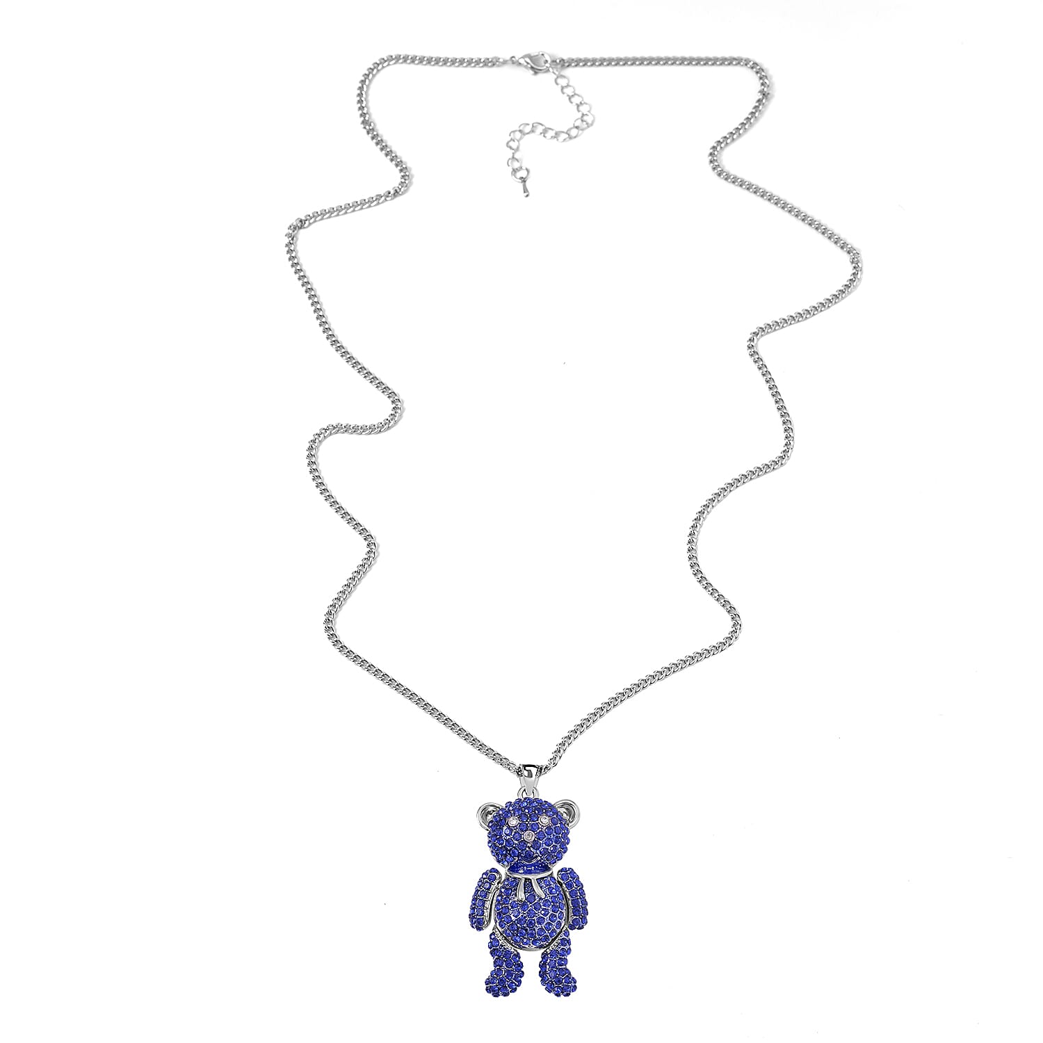 Austrian White Crystal & Blue Crystal Teddy Bear Necklace (Size - 29-2 inch Ext.)