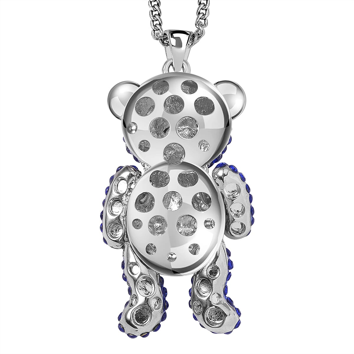 Austrian White Crystal & Blue Crystal Teddy Bear Necklace (Size - 29-2 inch Ext.)