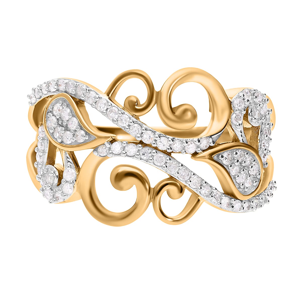Diamond Scroll Vine with Leaves Ring in 18K Vermeil Yellow Gold Plated Sterling Silver 0.33 Ct