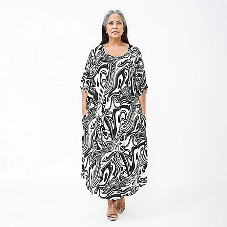 Tamsy 100% Viscose Monochrome Dress with Sleeve (Curve Size 20 - 26) - White & Black
