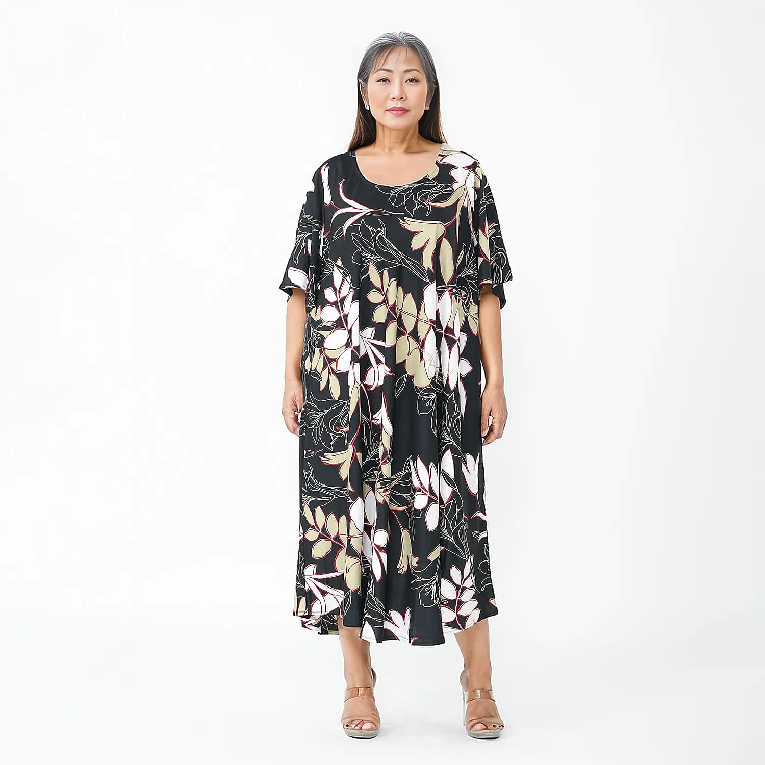 TAMSY Umbrella Style Round Neck Dress with Sleeve - Navy