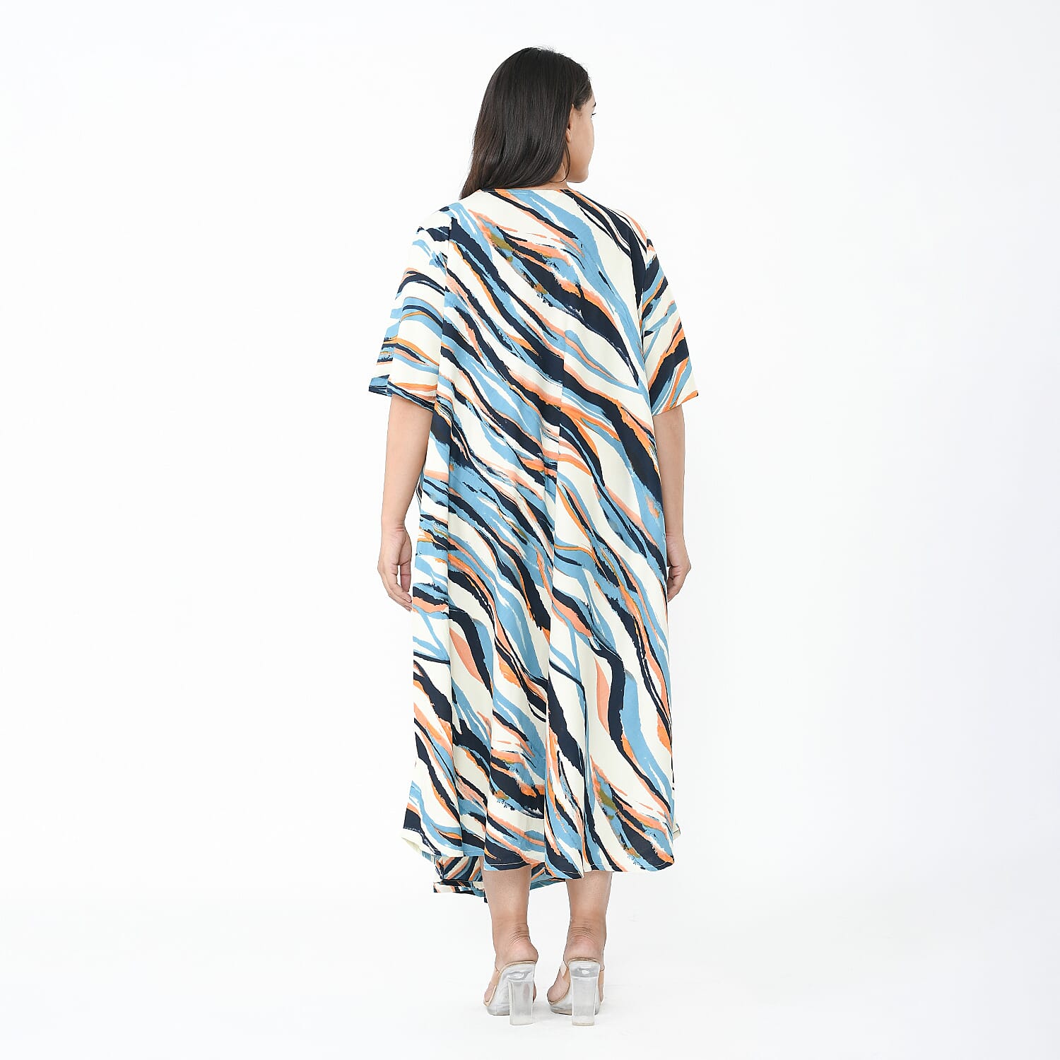 TAMSY Umbrella Style Round Neck Dress with Sleeve - Navy