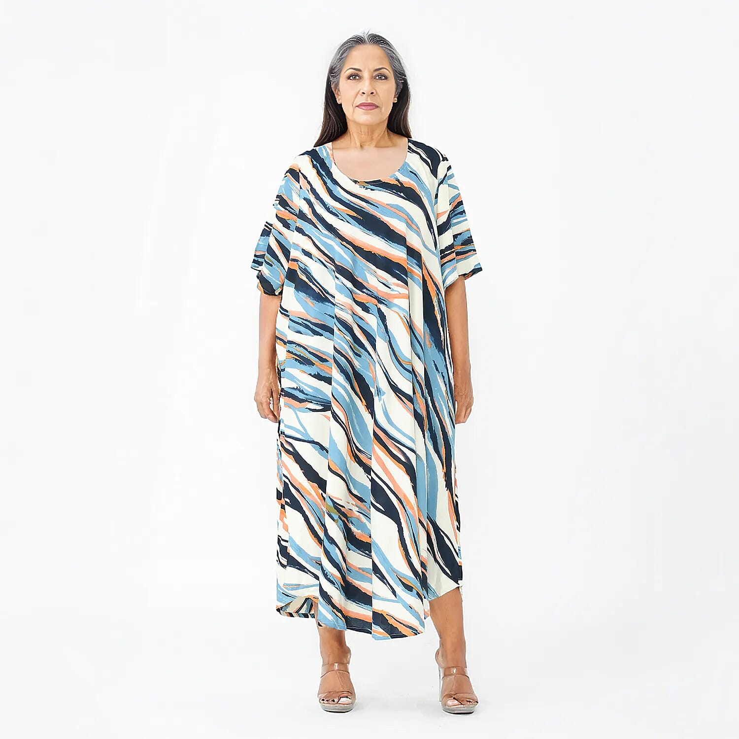 TAMSY Umbrella Style Round Neck Dress with Sleeve - Navy