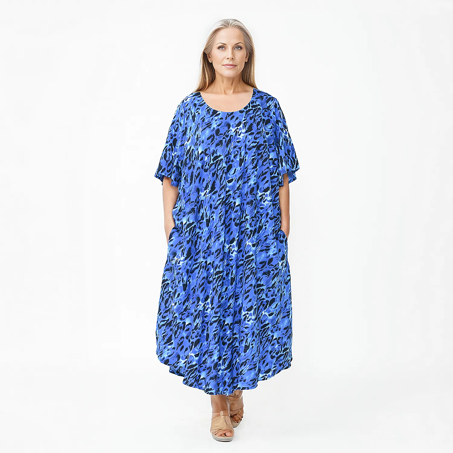 Tamsy 100% Viscose Leaf Printed Dress - Blue One