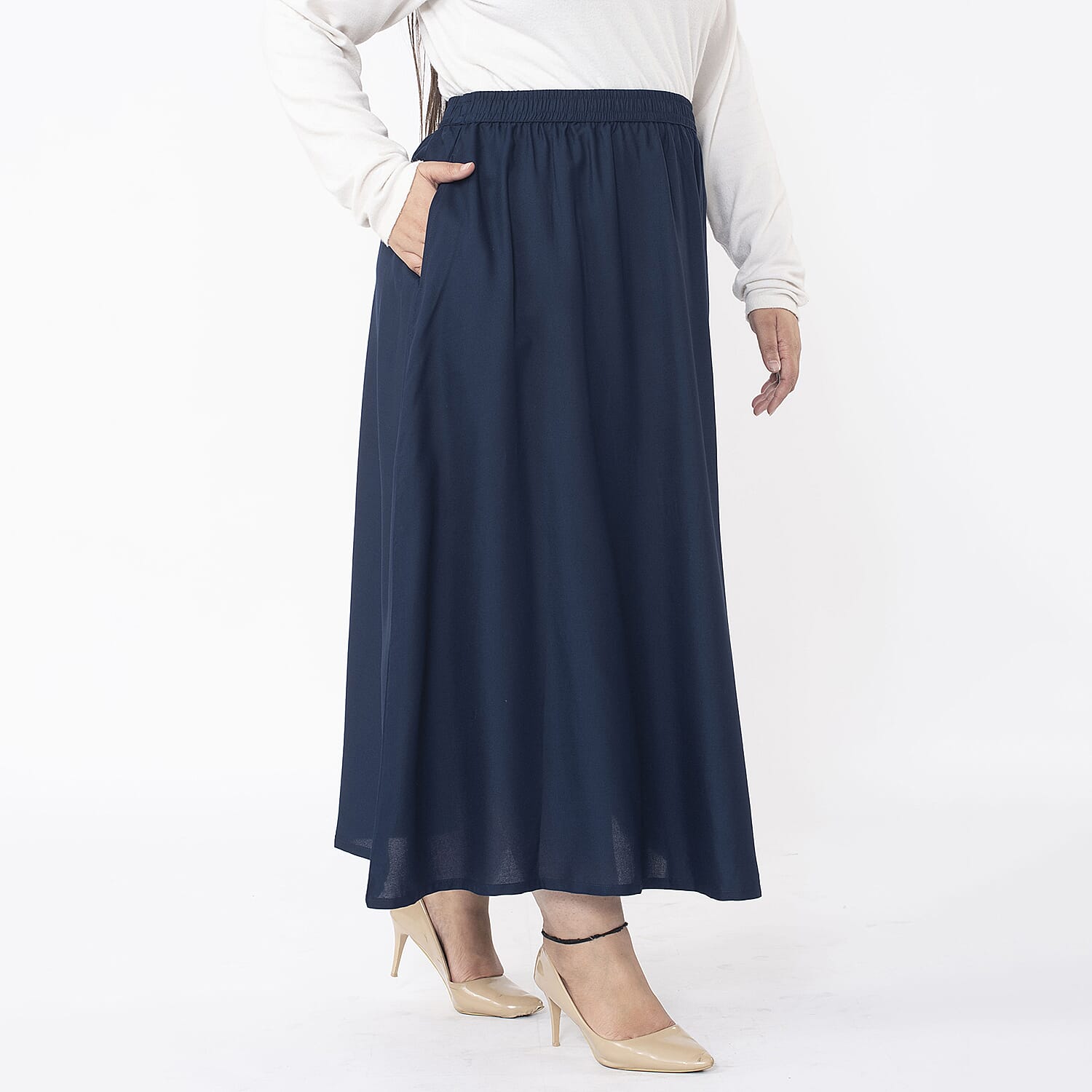 TAMSY 100% Viscose Skirt With Elastic on Waist (Size S) - Navy