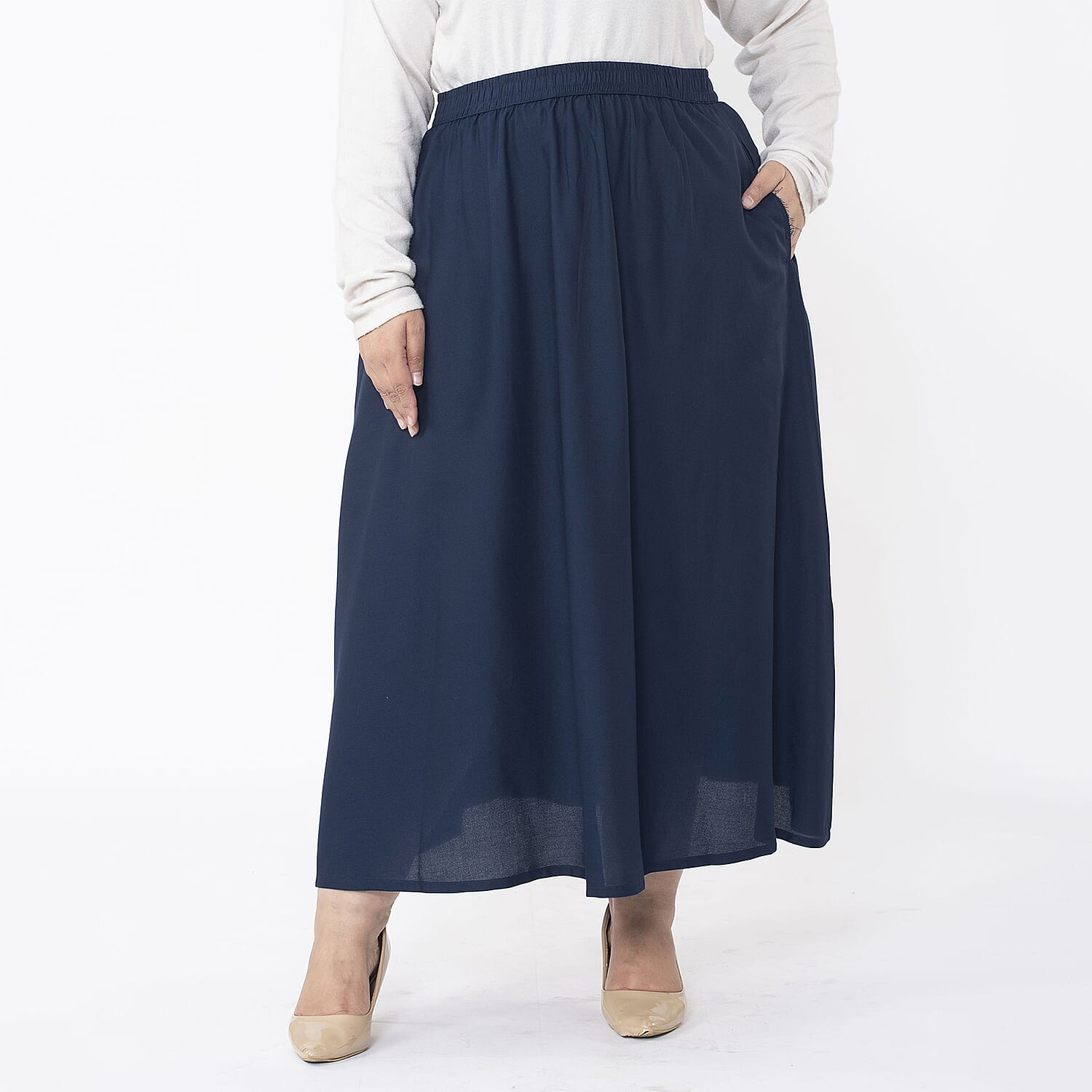 TAMSY 100% Viscose Skirt With Elastic on Waist (Size S) - Navy