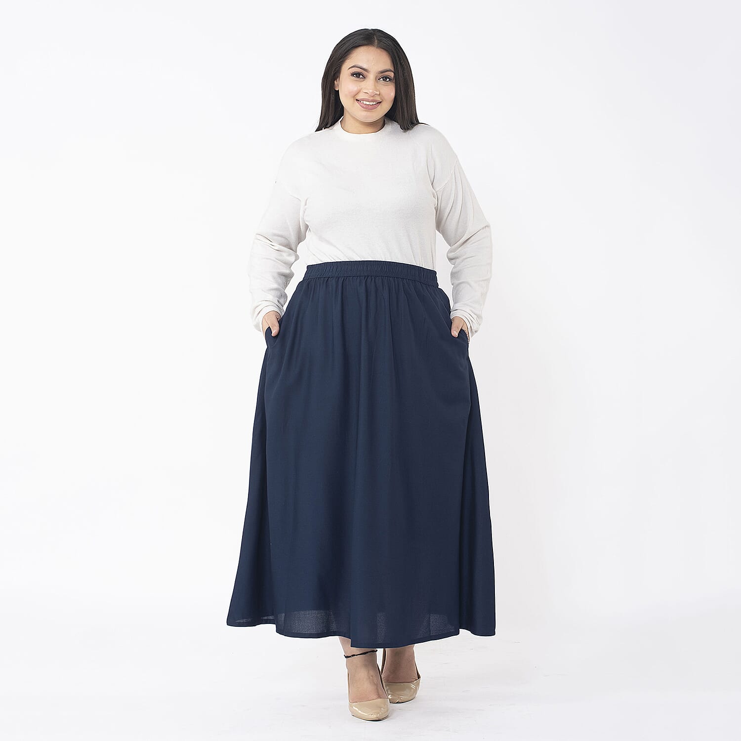 TAMSY 100% Viscose Skirt With Elastic on Waist (Size M) - Navy