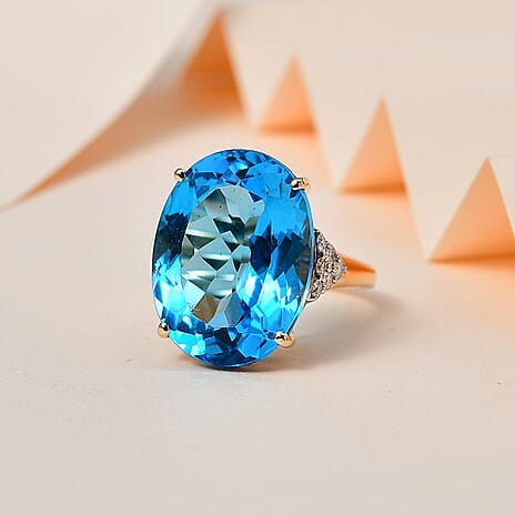 9K Yellow Gold Swiss Blue Topaz & Moissanite Ring 23.40 Ct