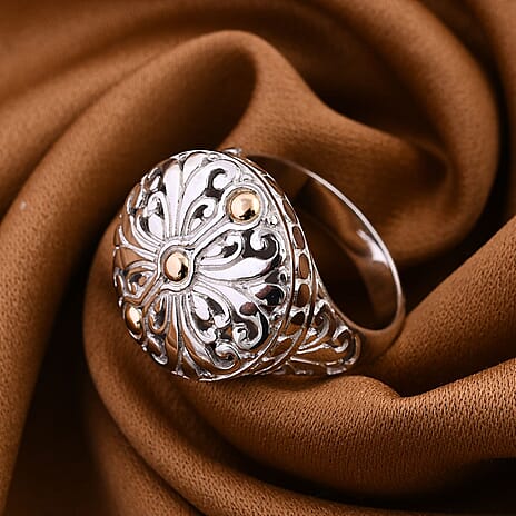 Royal Bali Iconic Collection - 18K Yellow Gold and Sterling Silver Filigree Ring, Silver Wt 8.80 GM