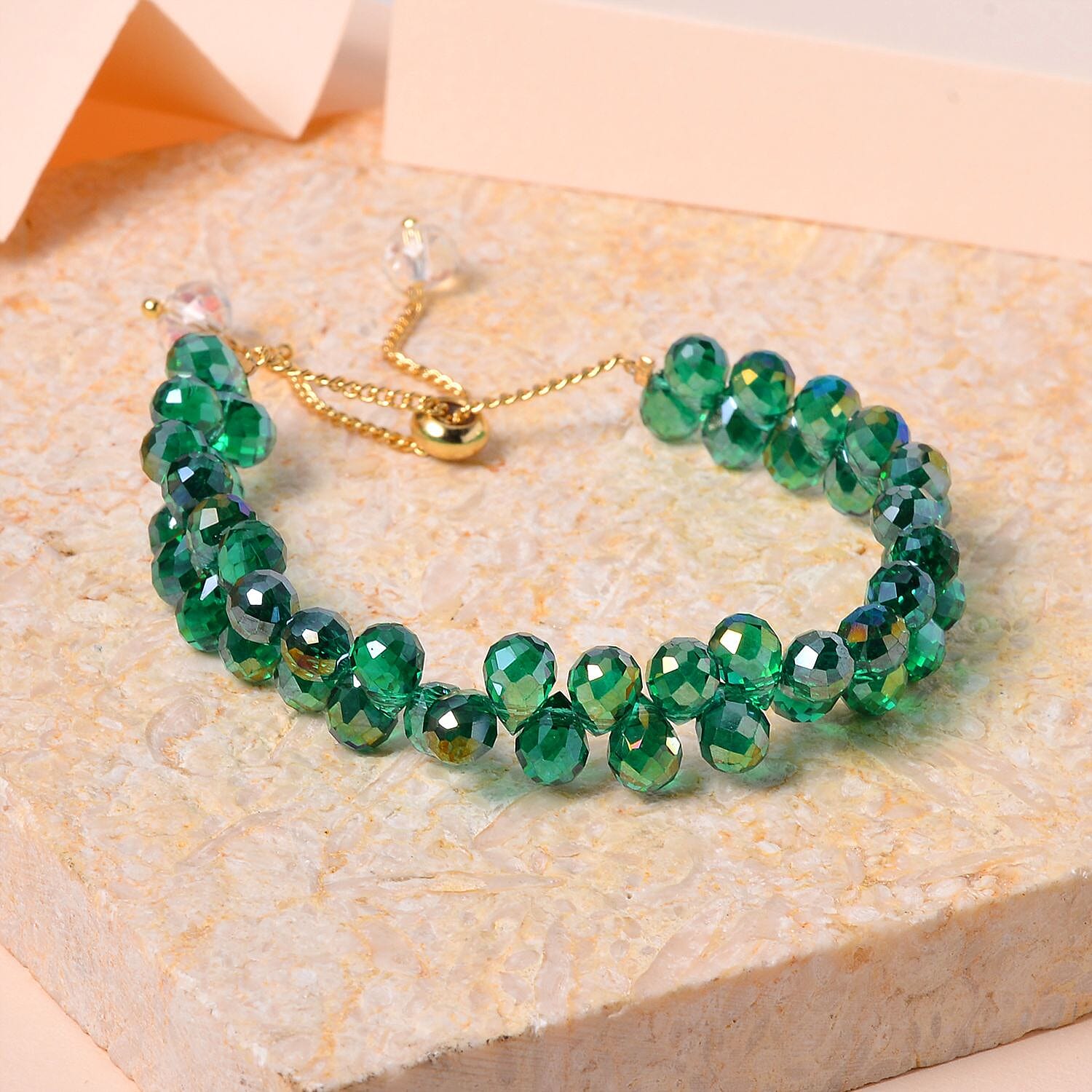 Fancy Faceted Crystal Bolo Bracelet- Green