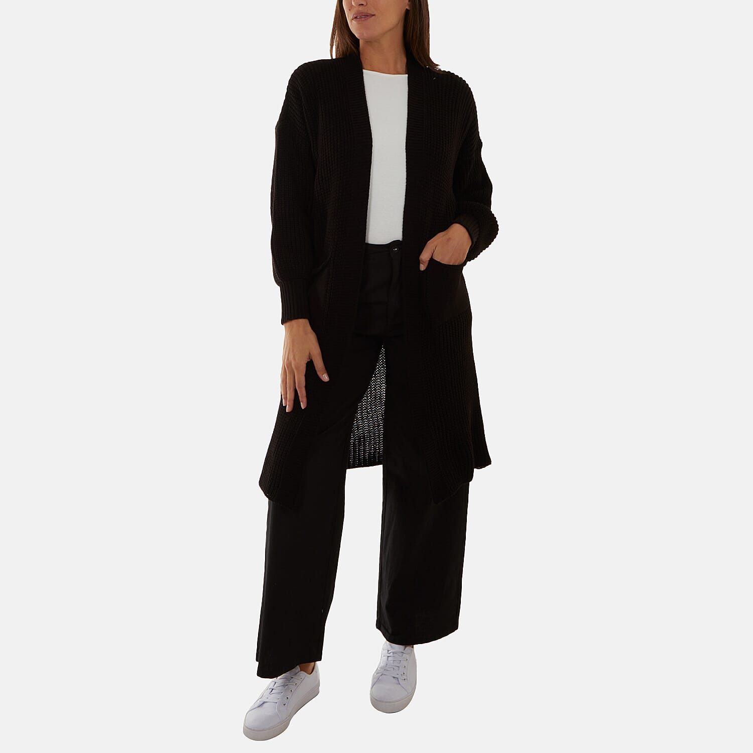 NOVA OF LONDON Edge to Edge Knitted Long Cardigan (One Size, 8-18) - Black