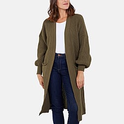 NOVA OF LONDON Edge to Edge Knitted Long Cardigan (One Size, 8-18) - Khaki