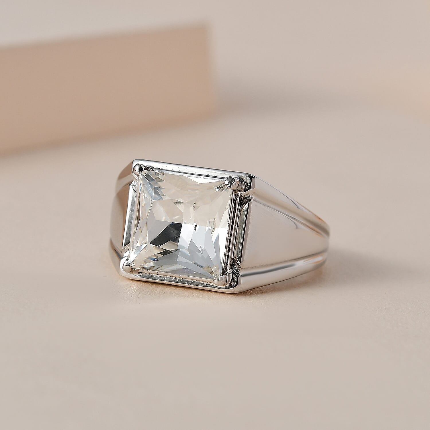 White Finest Austrian Crystal Mens Ring in Platinum Overlay Sterling Silver