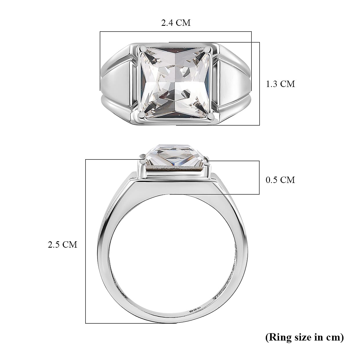 White Finest Austrian Crystal Mens Ring in Platinum Overlay Sterling Silver
