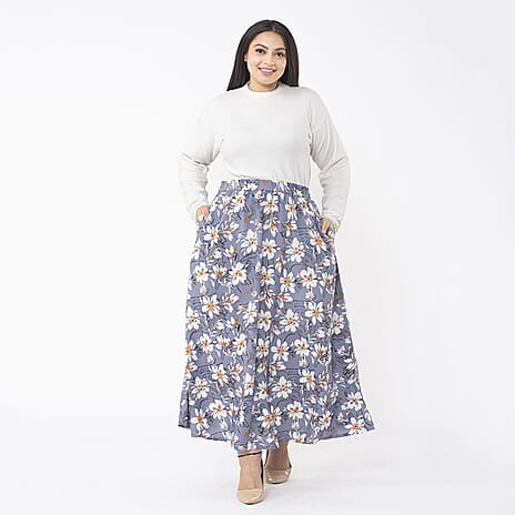 TAMSY 100% Viscose Floral Printed Skirt With Elastic on Waist (Size L) - Grey