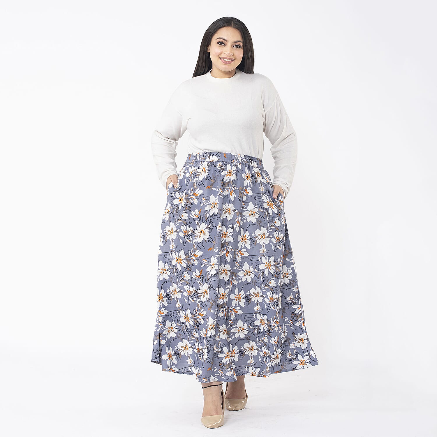 TAMSY 100% Viscose Floral Printed Skirt With Elastic on Waist (Size XL) - Grey