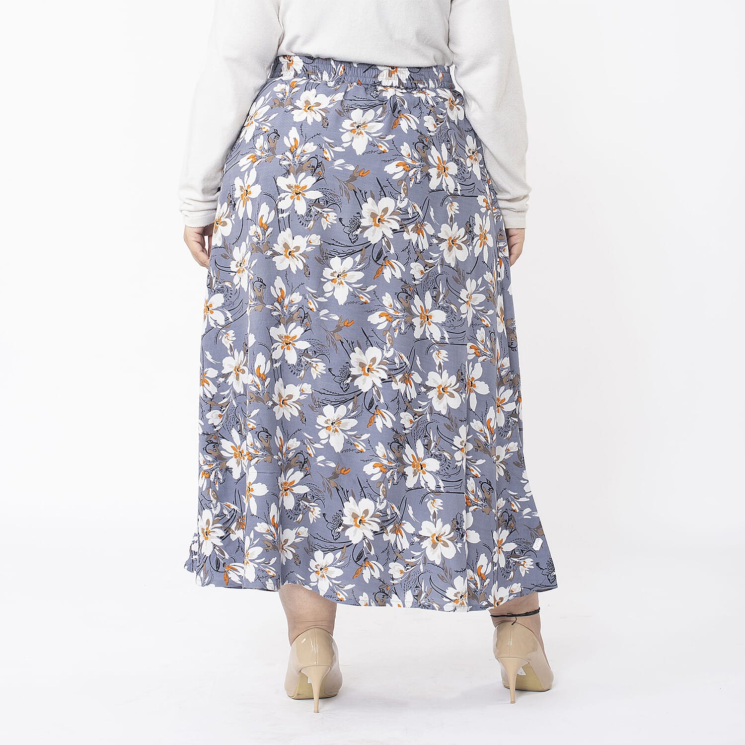 TAMSY 100% Viscose Floral Printed Skirt With Elastic on Waist (Size XL) - Grey