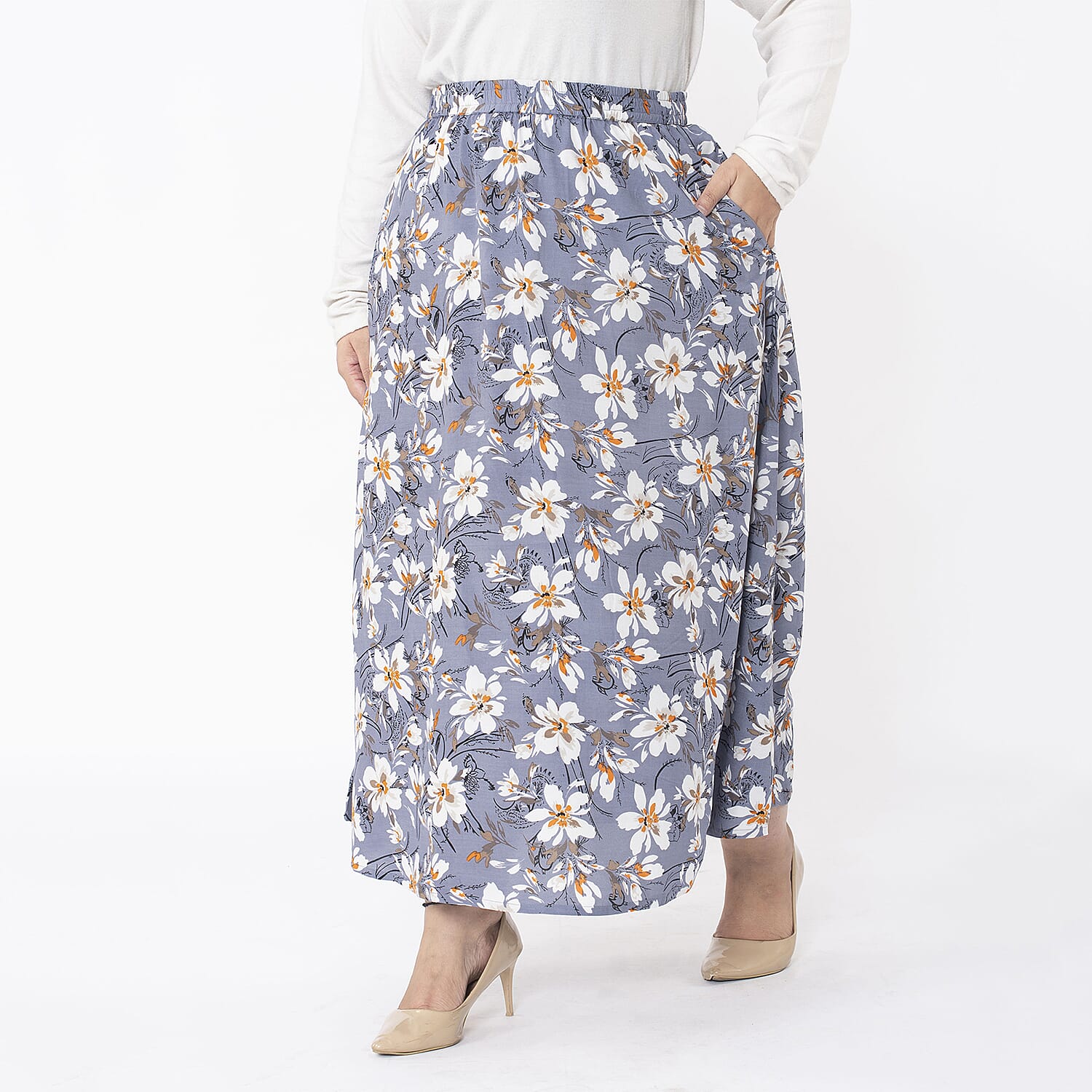 TAMSY 100% Viscose Floral Printed Skirt With Elastic on Waist (Size XL) - Grey